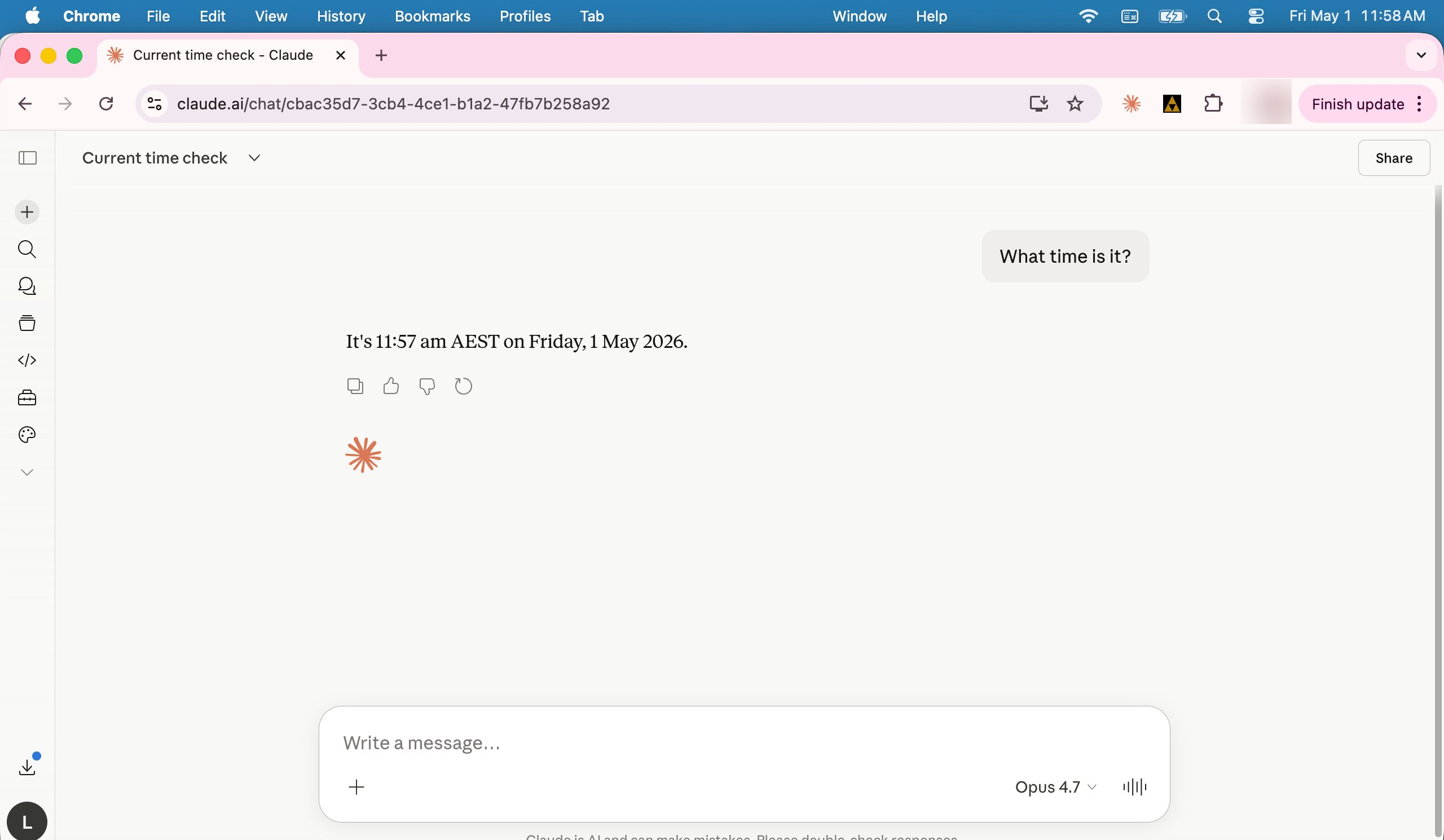 Claude with Lux Time: asked the same question at 11:58 AM AEST, Claude responded with the exact correct time.